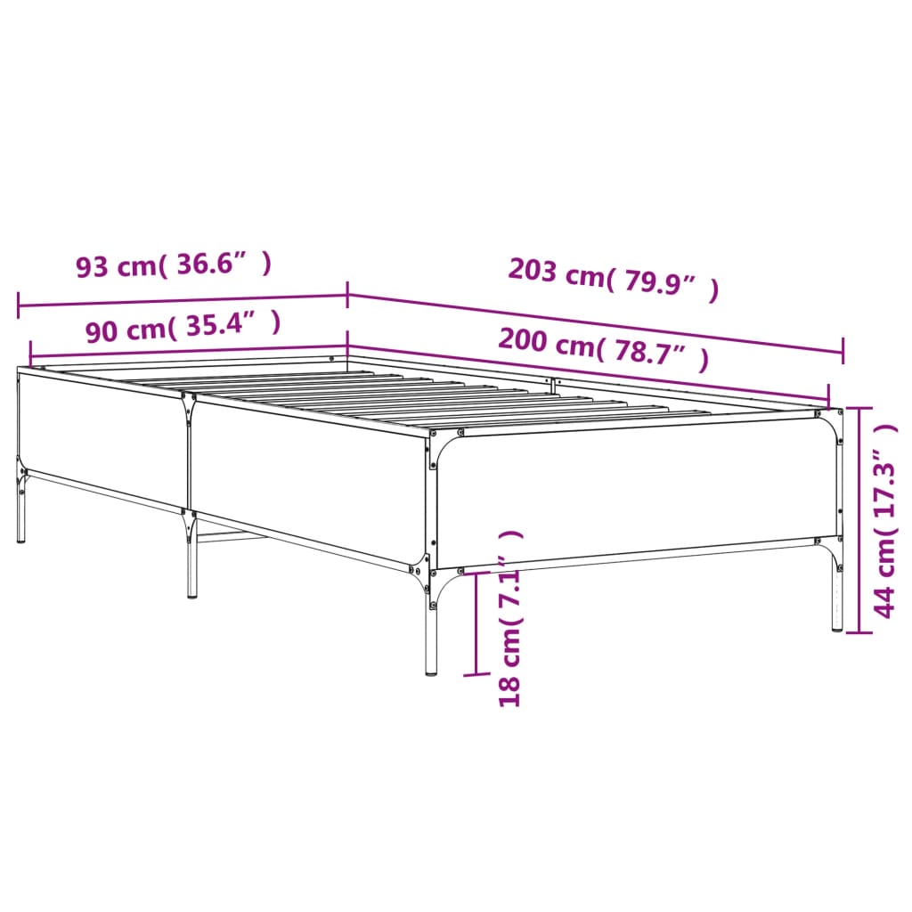 Bedframe bewerkt hout en metaal sonoma eikenkleurig 90x200 cm