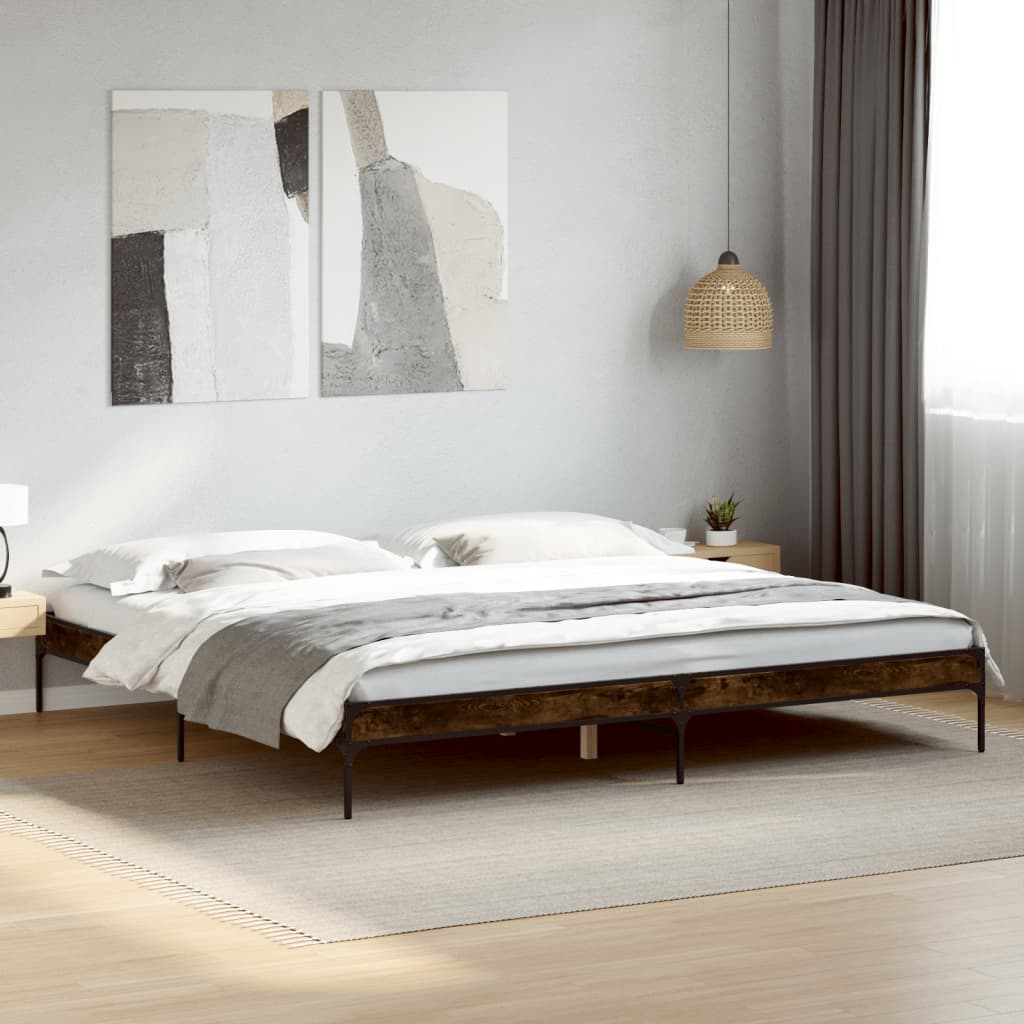Bedframe bewerkt hout metaal gerookt eikenkleurig 200x200 cm