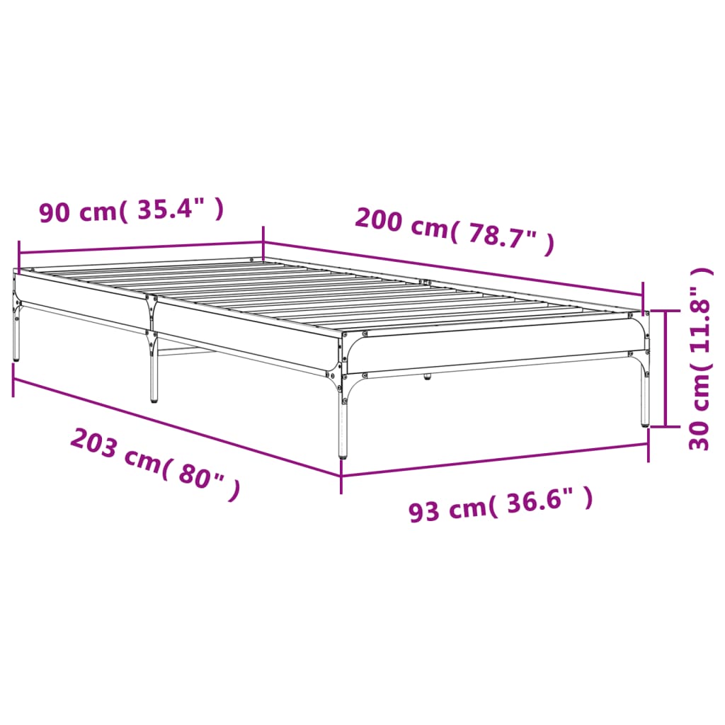 Bedframe bewerkt hout en metaal sonoma eikenkleurig 90x200 cm