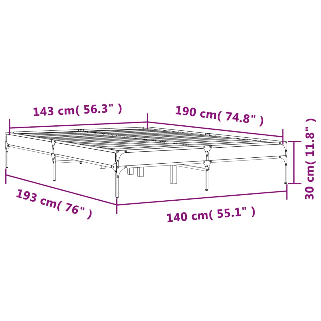 Bedframe bewerkt hout metaal sonoma eikenkleurig 90x190 cm