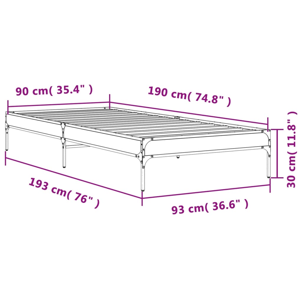Bedframe bewerkt hout en metaal grijs sonoma eiken 90x190 cm