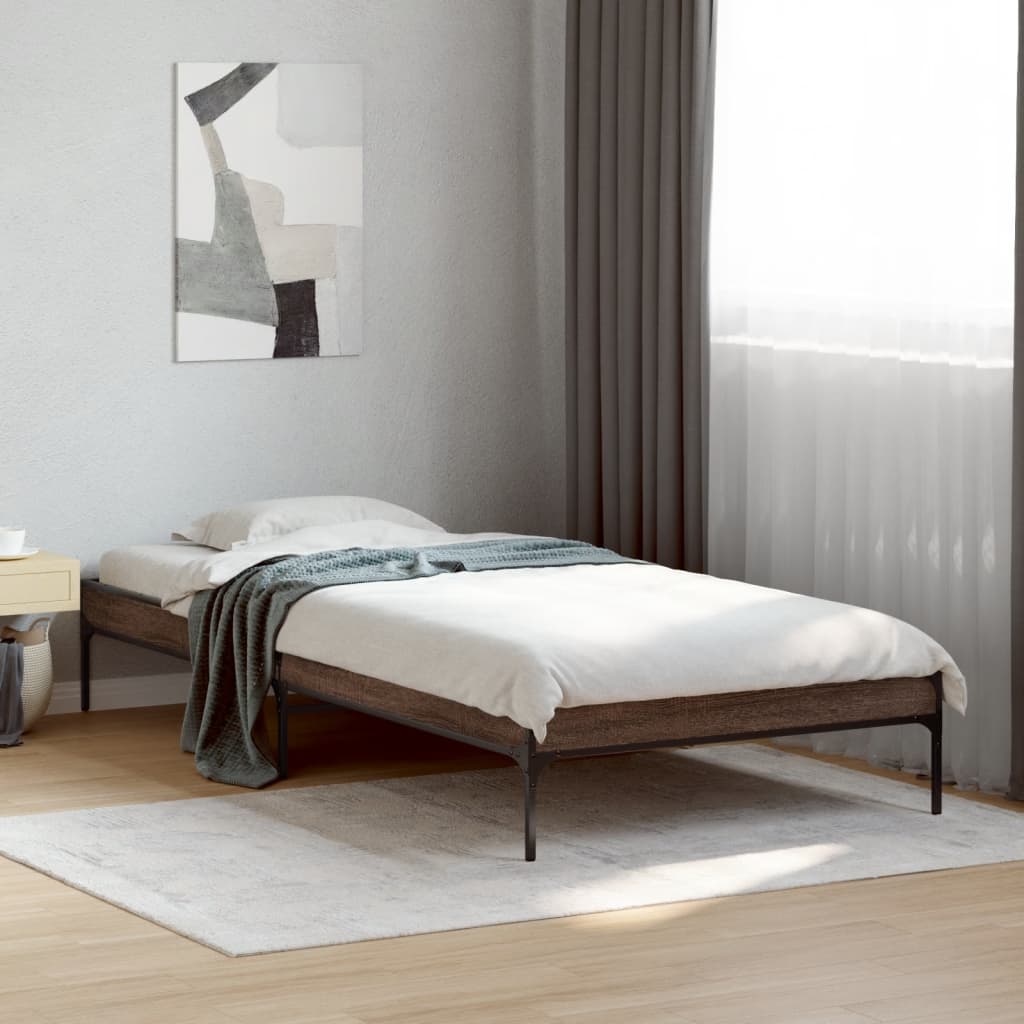 Bedframe bewerkt hout en metaal bruin eikenkleurig 90x190 cm