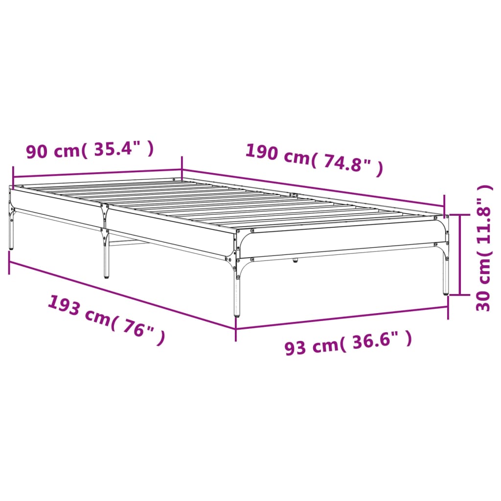 Bedframe bewerkt hout en metaal bruin eikenkleurig 90x190 cm