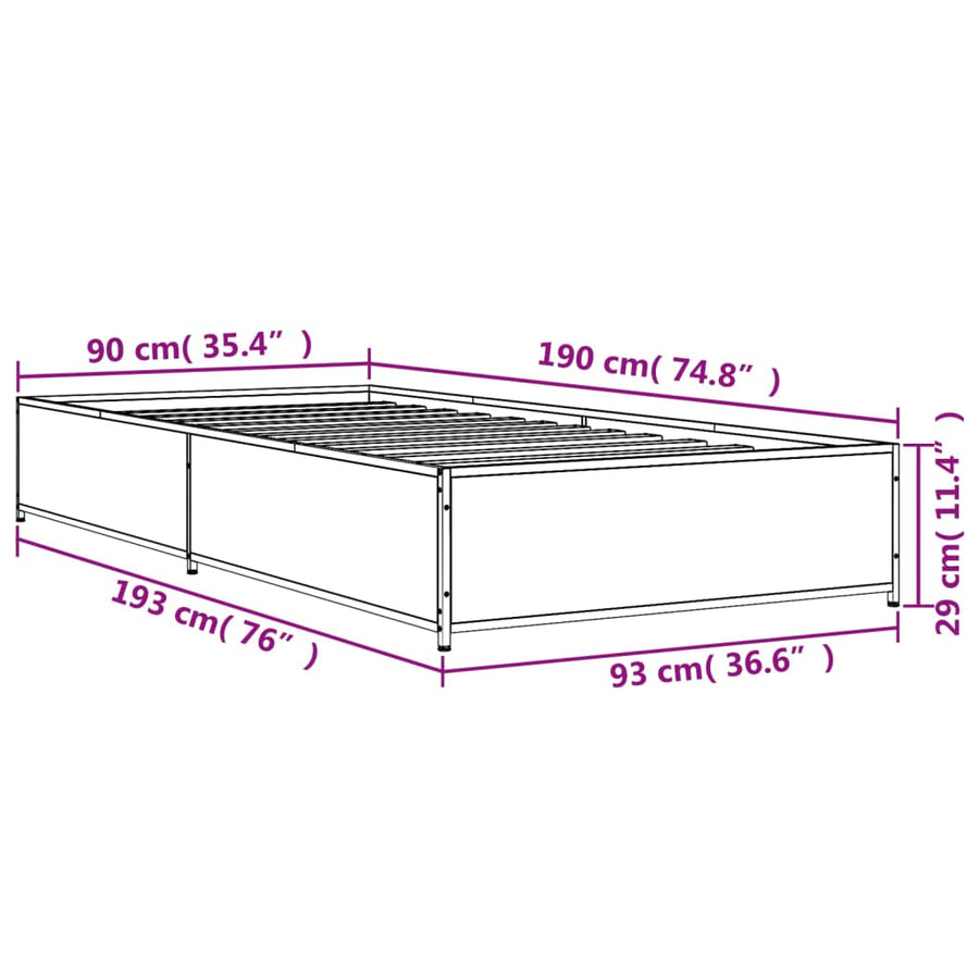 Bedframe bewerkt hout en metaal grijs sonoma eiken 90x190 cm