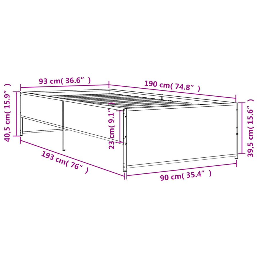 Bedframe bewerkt hout en metaal grijs sonoma eiken 90x190 cm