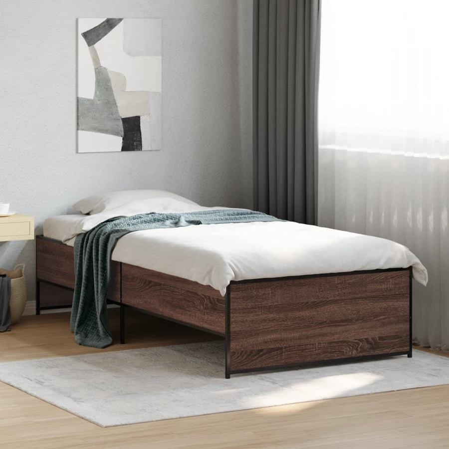 Bedframe bewerkt hout en metaal bruin eikenkleurig 75x190 cm