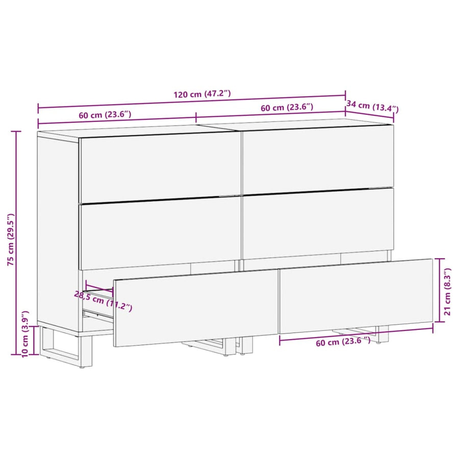 Dressoirs 2 st 60x34x75 cm massief mangohout