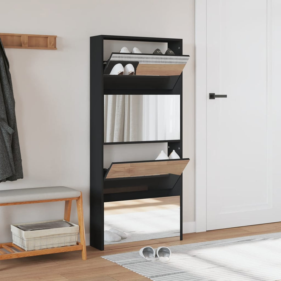Schoenenkast met spiegel 4-laags 63x17x134 cm zwart Zwart