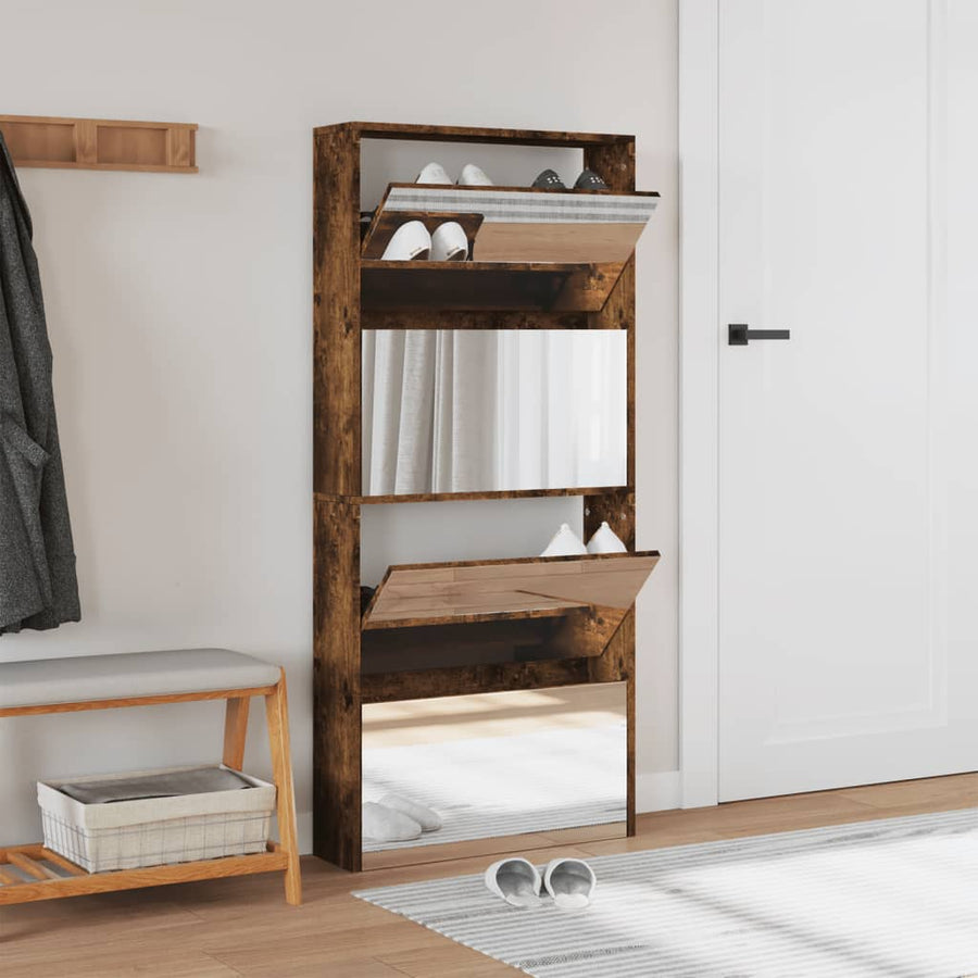 Schoenenkast met spiegel 4-laags 63x17x134 cm gerookt eiken Gerookt eiken