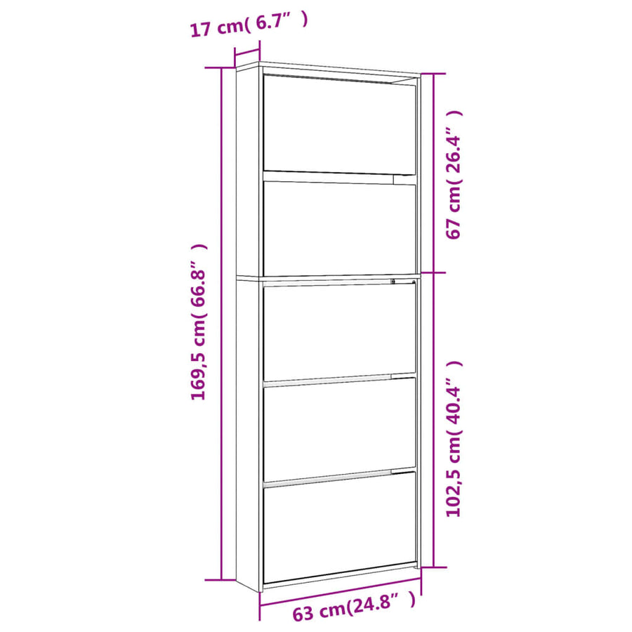 Schoenenkast Met Spiegel 5-Laags 63X7X69,5 Cm Hoogglans wit