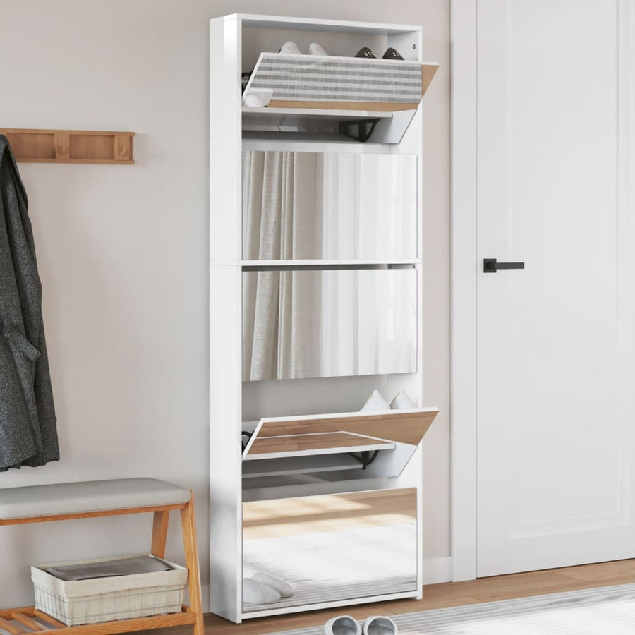 Schoenenkast Met Spiegel 5-Laags 63X7X69,5 Cm Hoogglans wit