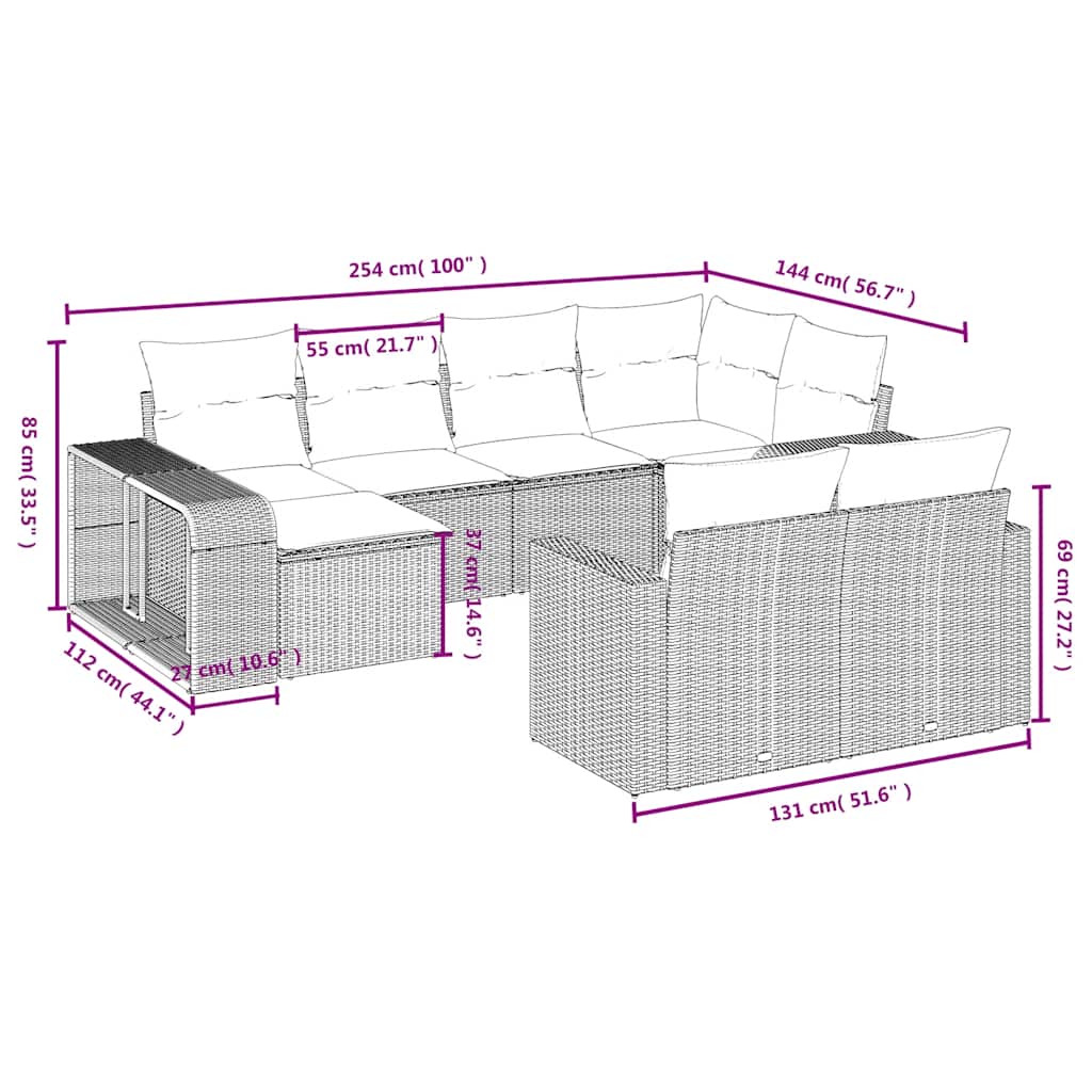 10-delige tuinbankset met kussens, grijs polyrotan