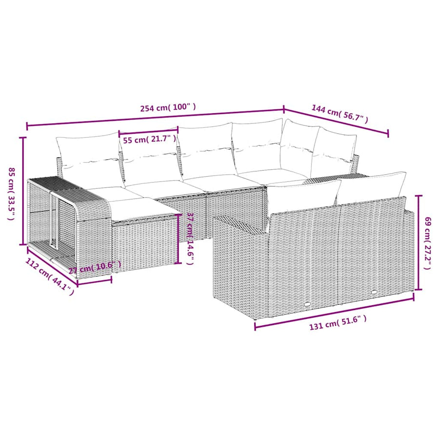 10-delige tuinbankset met kussens, grijs polyrotan