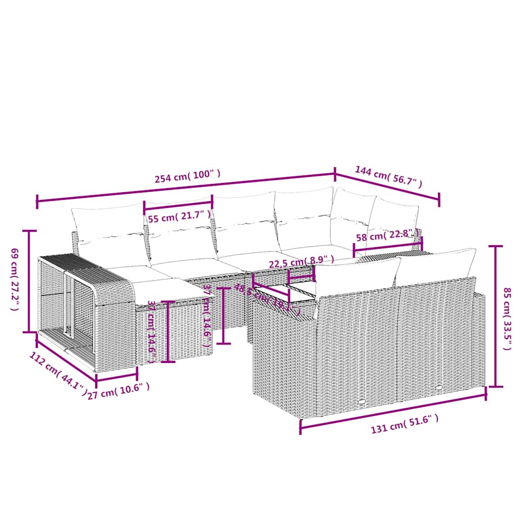 11-delige tuinbankset met kussens, zwart polyrotan