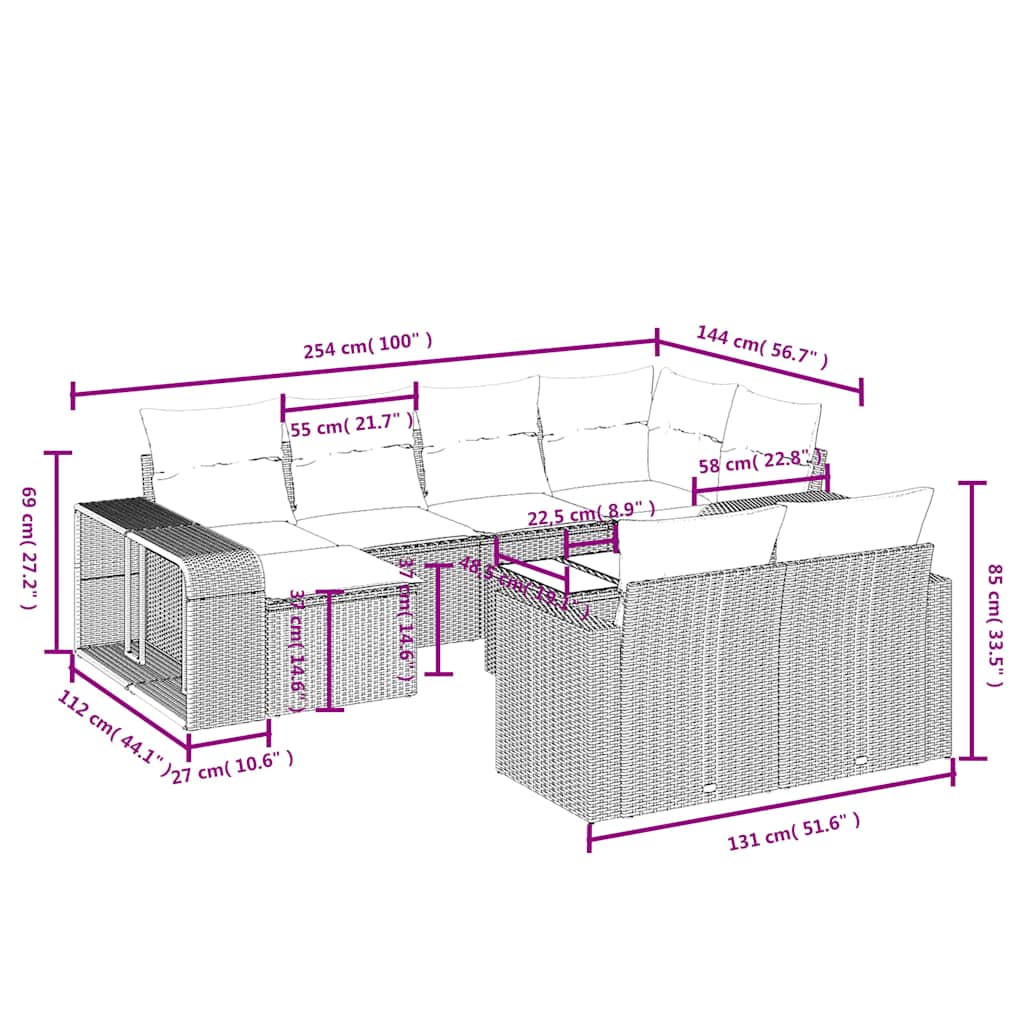 11-delige tuinbankset met kussens, grijs polyrotan