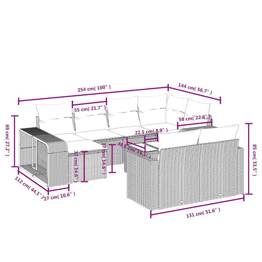11-delige tuinbankset met kussens, grijs polyrotan