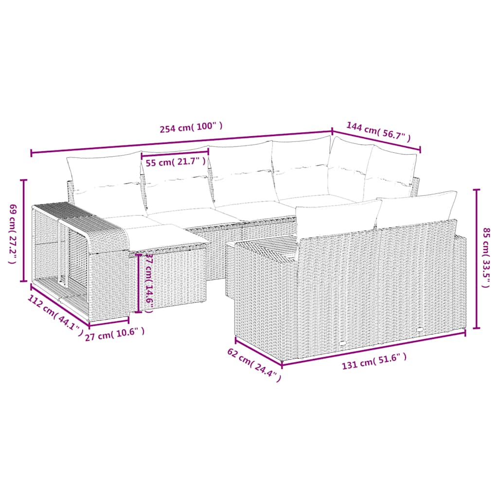 11-delige tuinbankset met kussens, zwart polyrotan