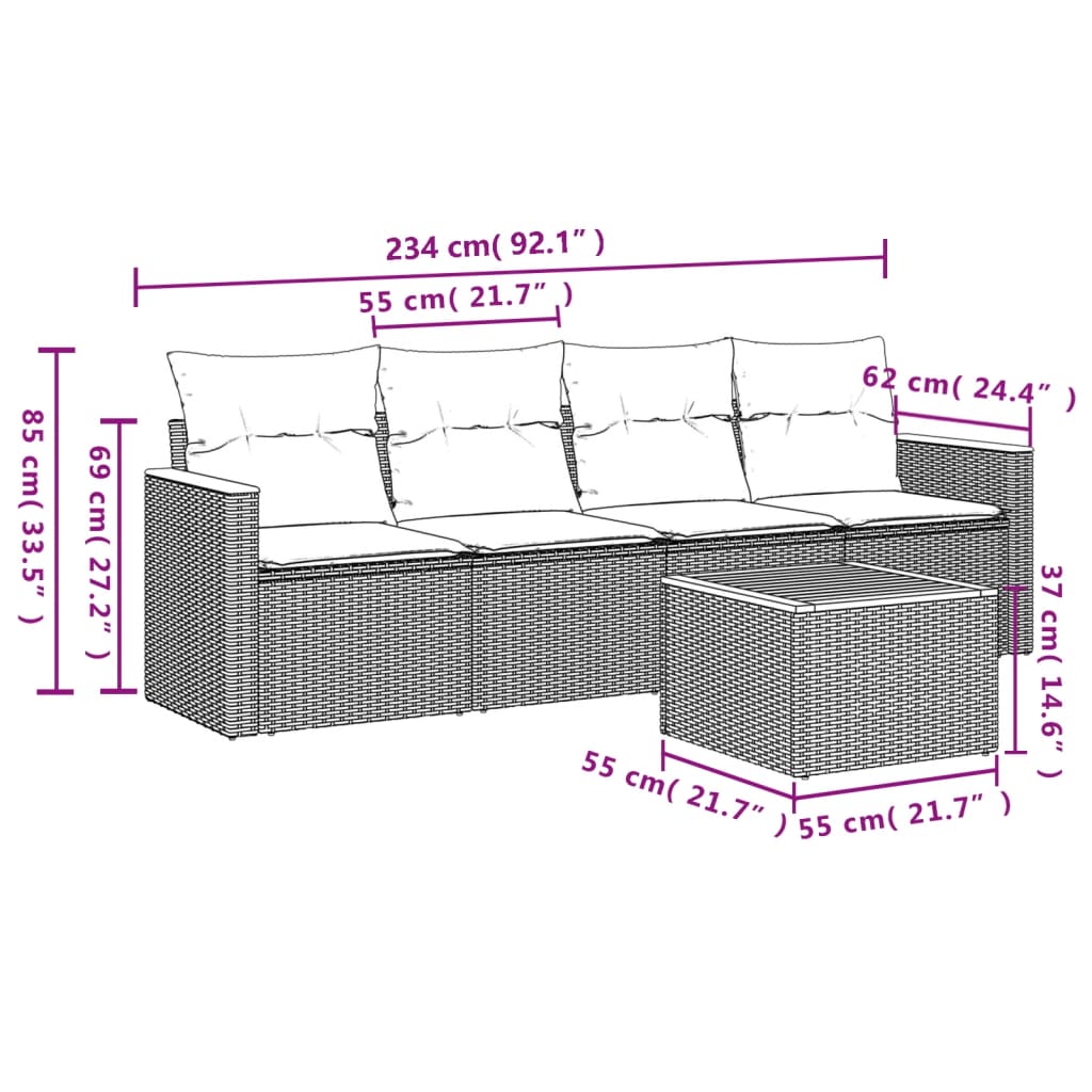 5-Delige Loungeset Met Kussens Poly Rattan Grijs