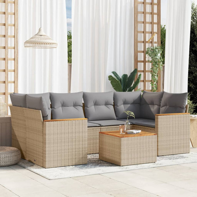 7-Delige Loungeset Met Kussens Poly Rattan Gemengd Beige