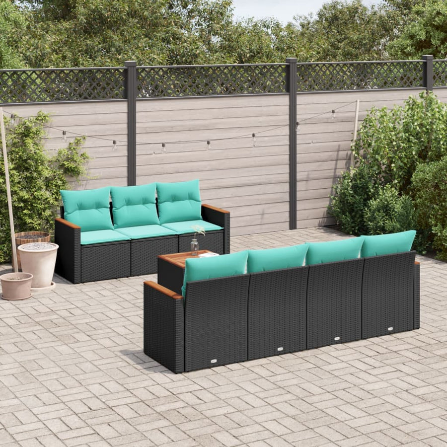 8-delige tuinbankset met kussens, zwart polyrotan
