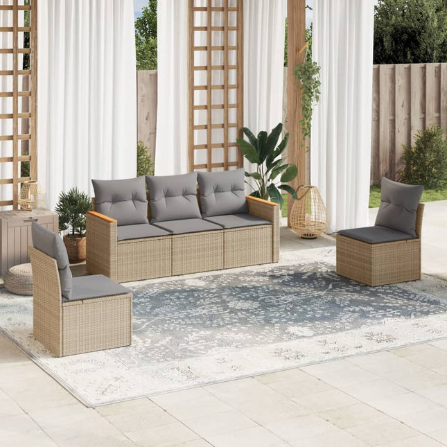 5-Delige Loungeset Met Kussens Poly Rattan Gemengd Beige