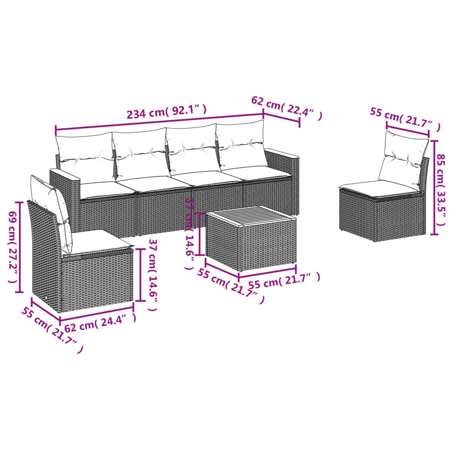 7-Delige Loungeset Met Kussens Poly Rattan Gemengd Beige