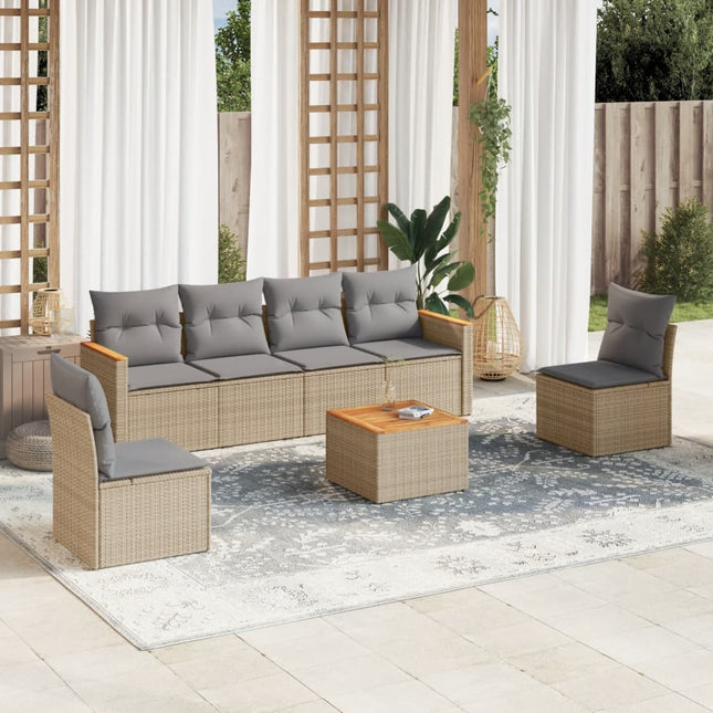 7-Delige Loungeset Met Kussens Poly Rattan Gemengd Beige