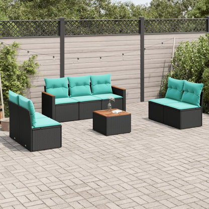 8-delige tuinbankset met kussens, zwart polyrotan