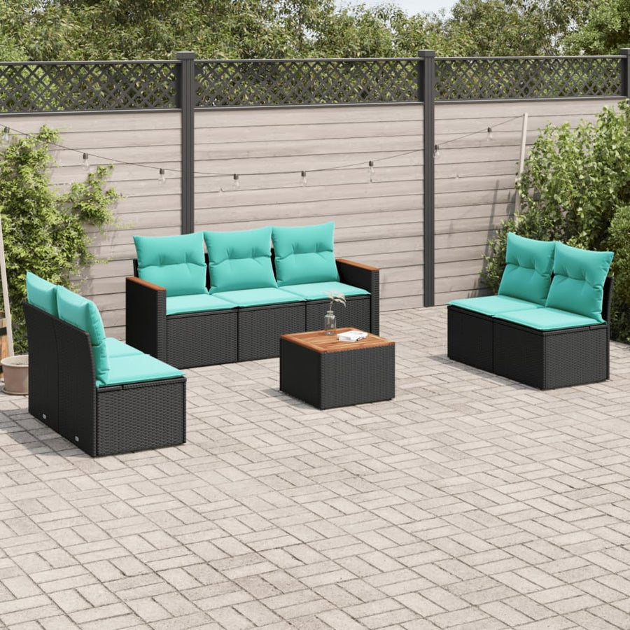8-delige tuinbankset met kussens, zwart polyrotan
