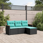 4-piece garden sofa set with cushions, black poly rattan
