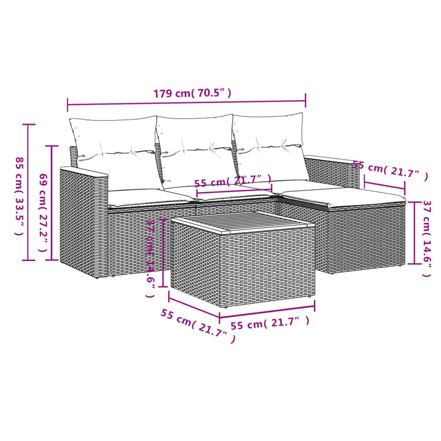 5-Delige Loungeset Met Kussens Poly Rattan Grijs