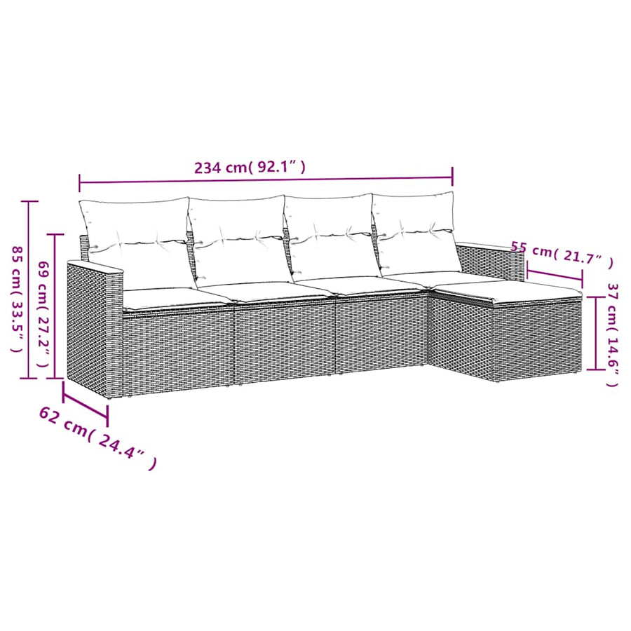 5-delige Loungeset met kussens poly rattan beige