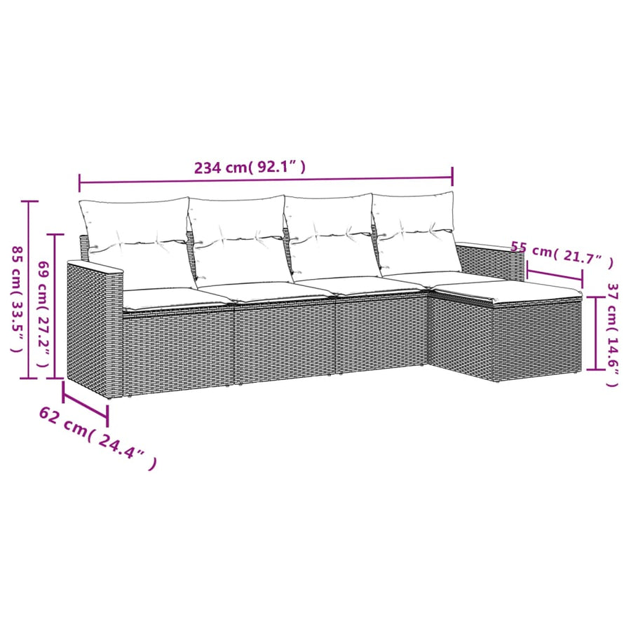 5-Delige Loungeset Met Kussens Poly Rattan Grijs