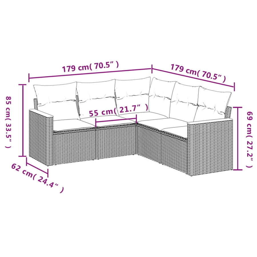 5-delige tuinbankset met kussens, grijs polyrotan