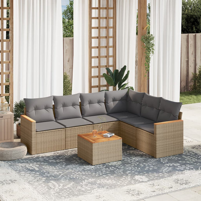 7-Delige Loungeset Met Kussens Poly Rattan Gemengd Beige