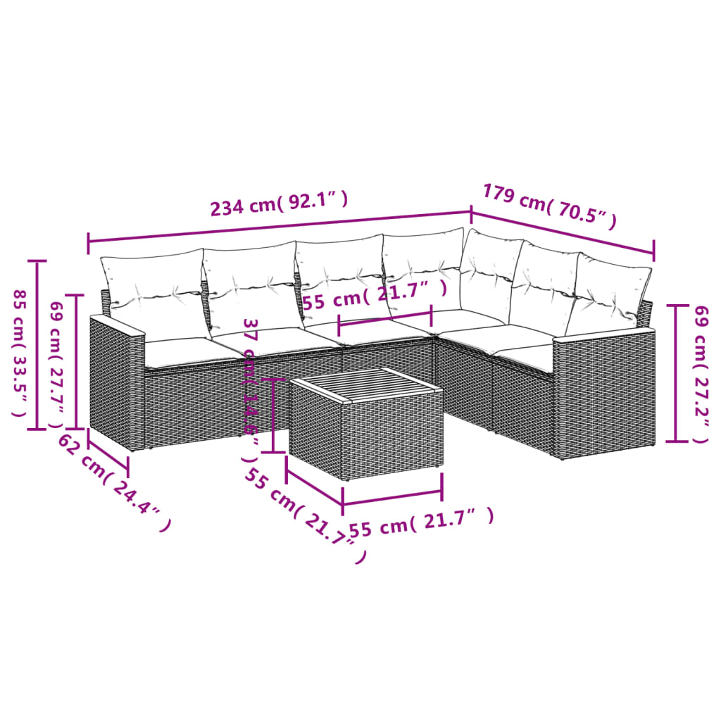 7-Delige Loungeset Met Kussens Poly Rattan Grijs