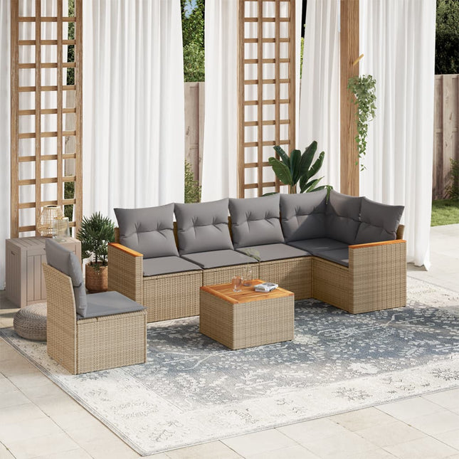 7-Delige Loungeset Met Kussens Poly Rattan Gemengd Beige