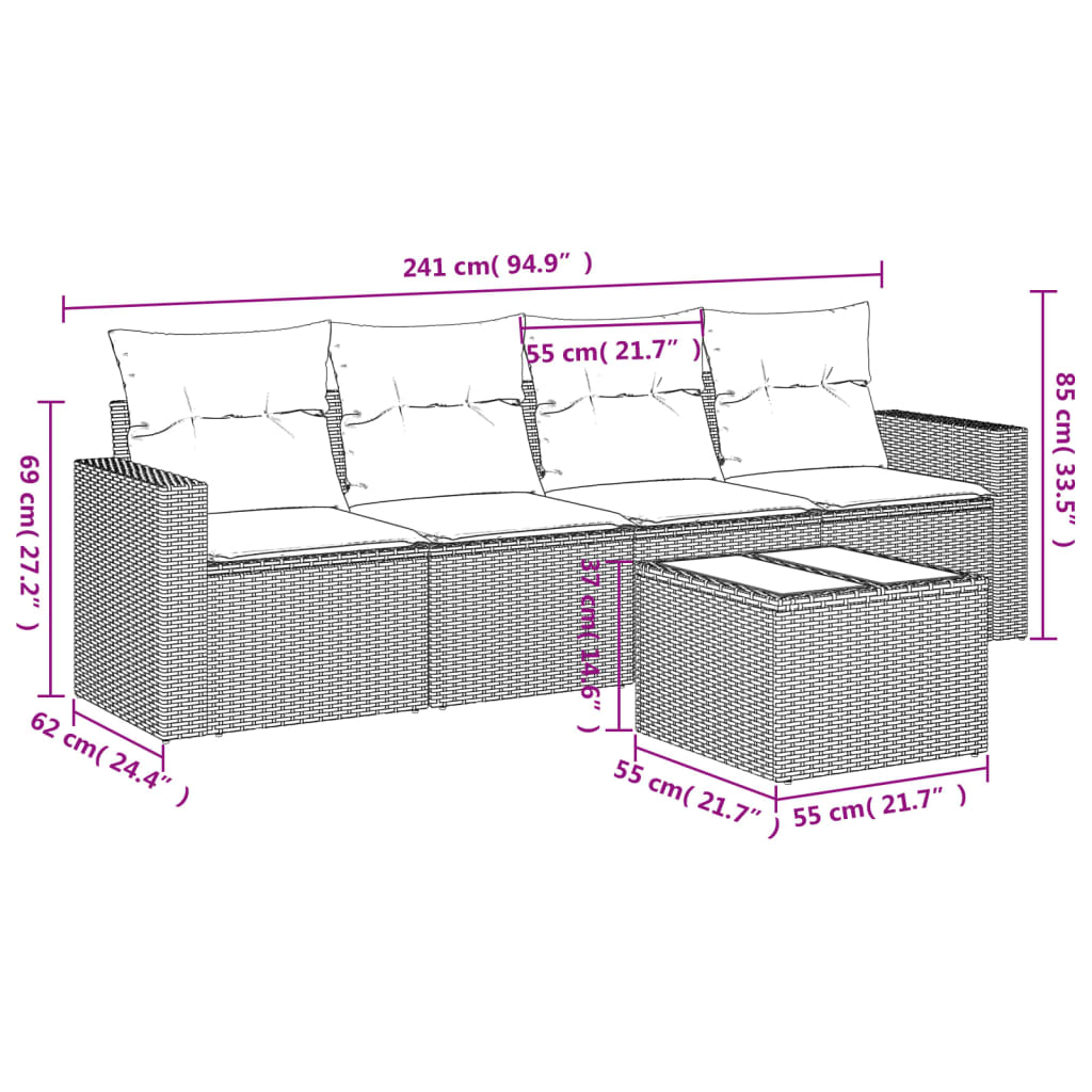 5-delige Loungeset met kussens poly rattan lichtgrijs