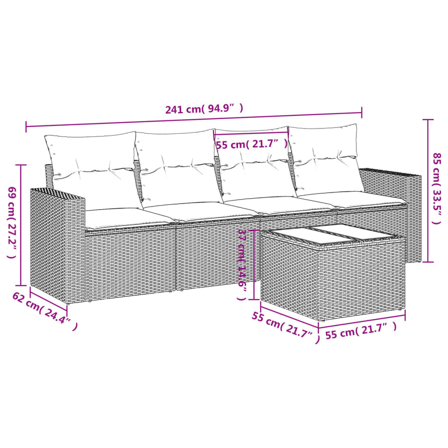5-delige Loungeset met kussens poly rattan lichtgrijs