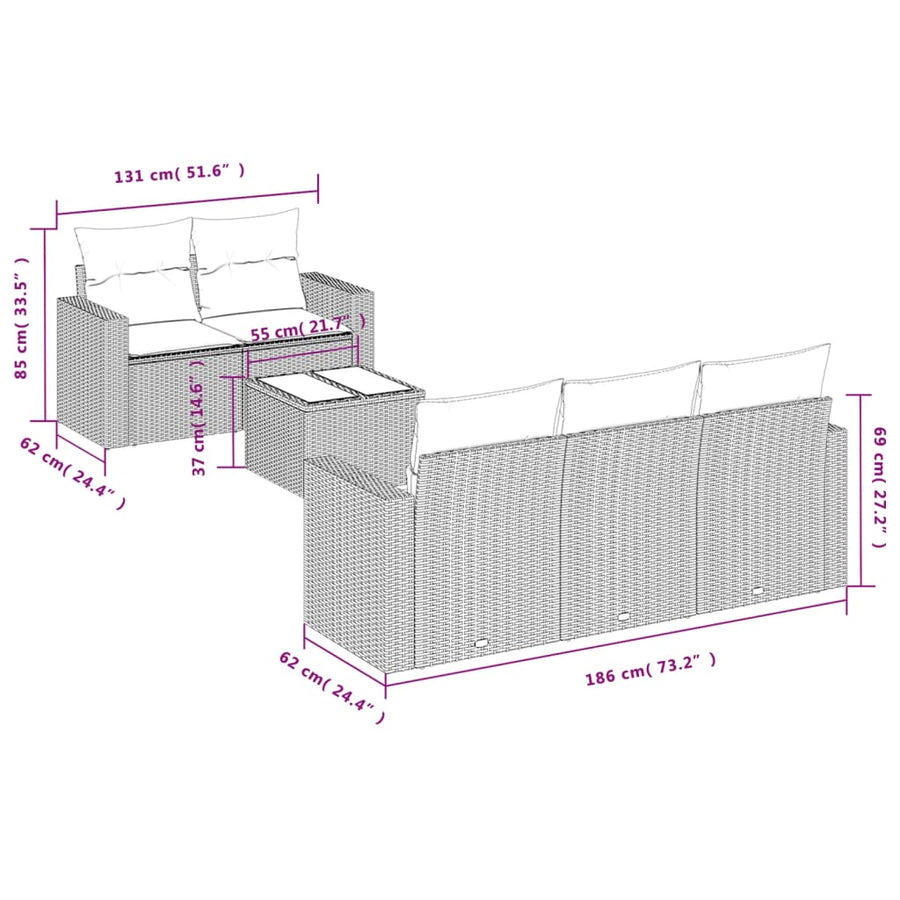 6-delige Loungeset met kussens poly rattan zwart Zwart en crème