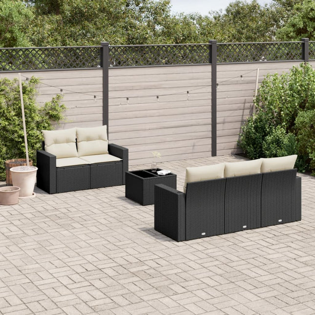 6-delige Loungeset met kussens poly rattan zwart Zwart en crème