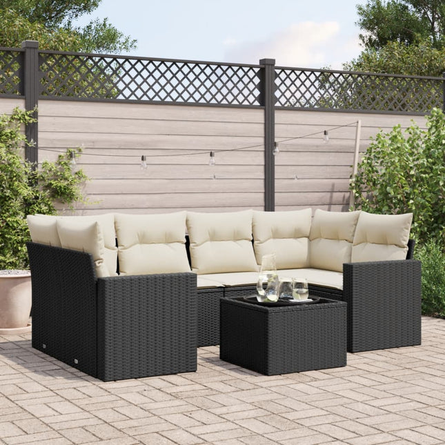 7-delige Loungeset met kussens poly rattan zwart Zwart en crème