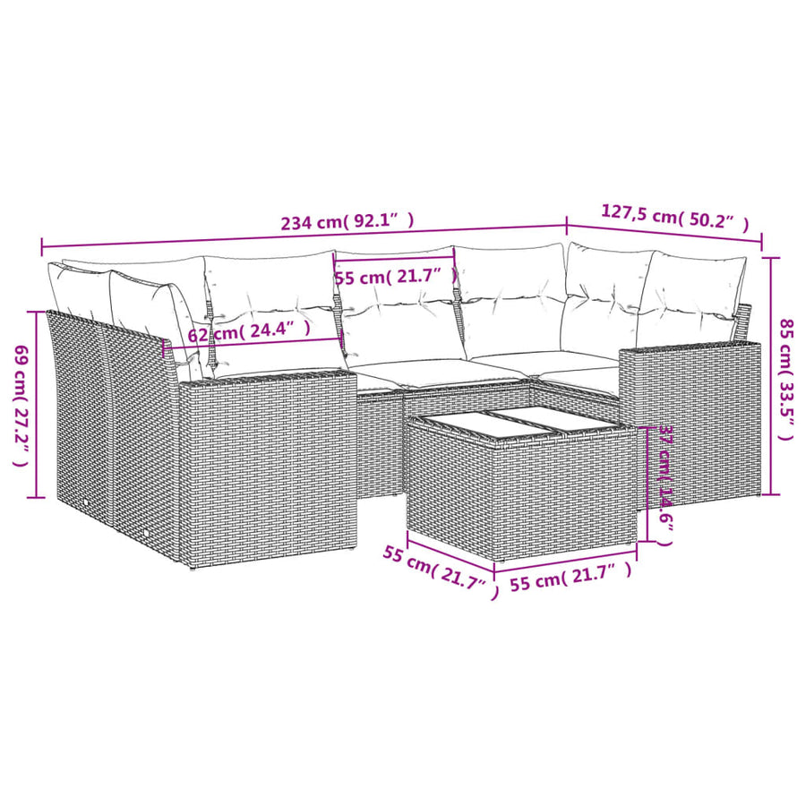 7-delige Loungeset met kussens poly rattan grijs Grijs