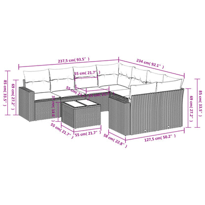 9-delige Loungeset met kussens poly rattan zwart
