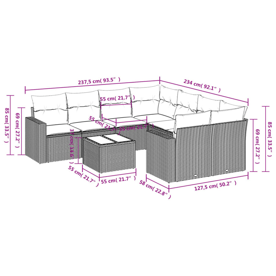 9-delige Loungeset met kussens poly rattan zwart