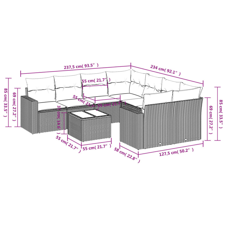 9-delige Loungeset met kussens poly rattan beige beige and cream