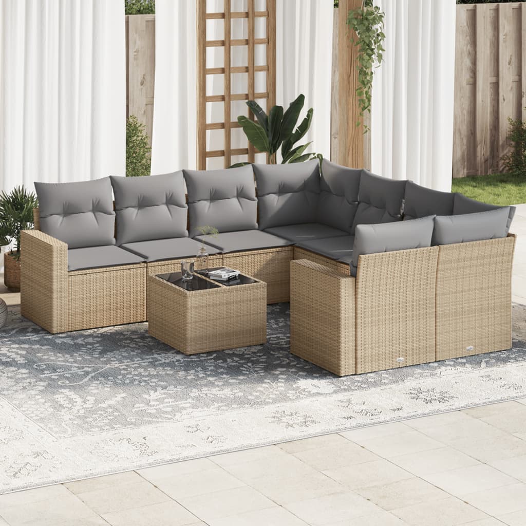 9-delige Loungeset met kussens poly rattan beige Beige en grijs