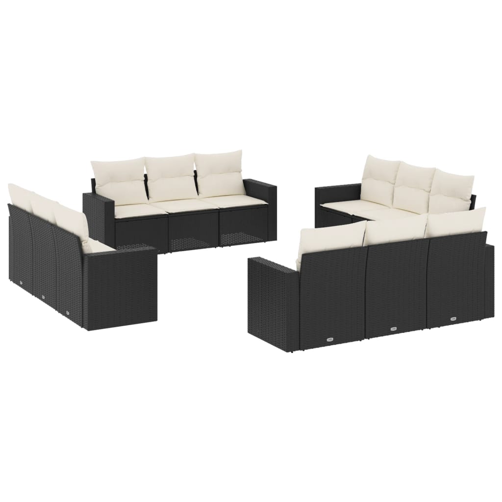 12-delige Loungeset met kussens poly rattan zwart Zwart en crème