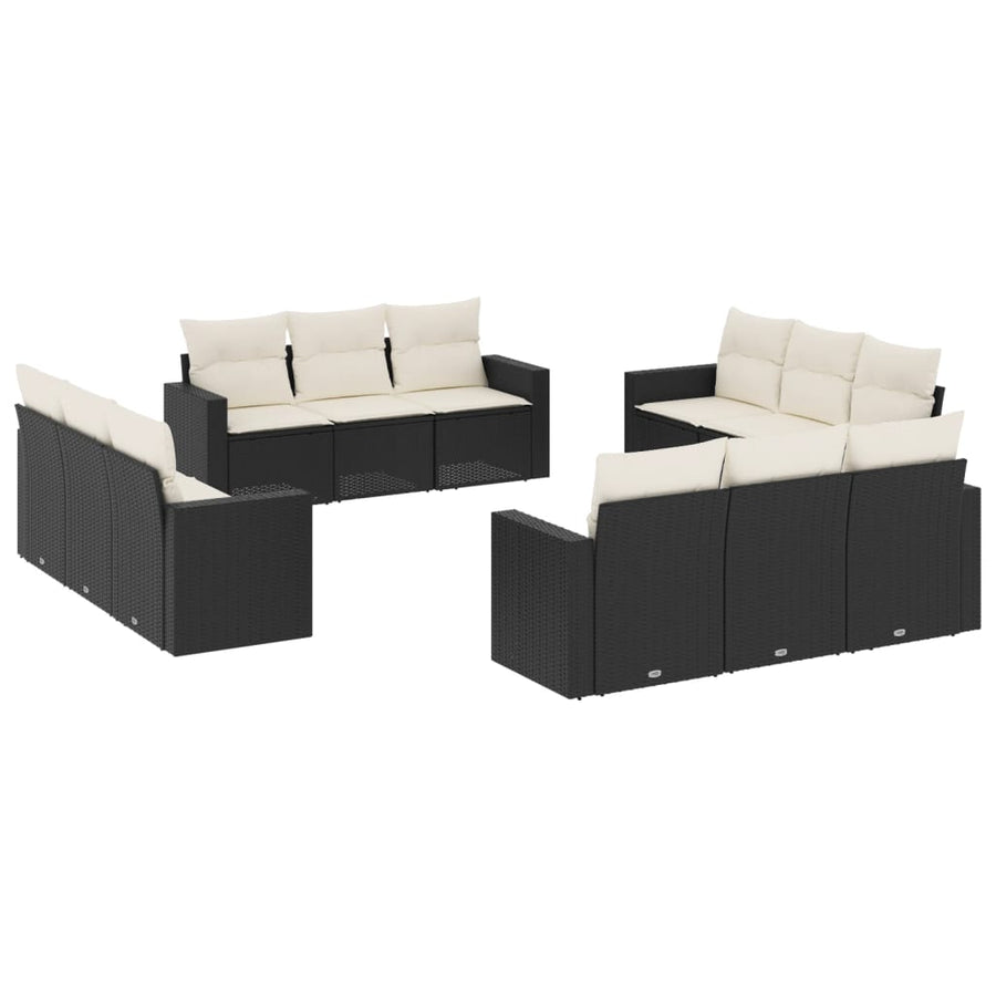 12-delige Loungeset met kussens poly rattan zwart Zwart en crème