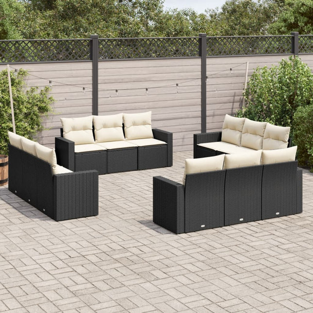 12-delige Loungeset met kussens poly rattan zwart Zwart en crème